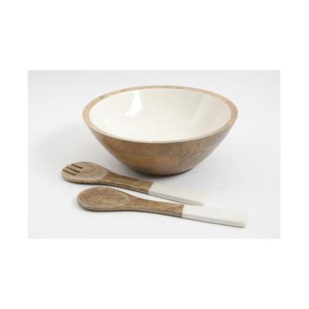 12 in. 56 Fl. Oz. White and Brown Enameled Mango Wood Serving Bowl and Serving